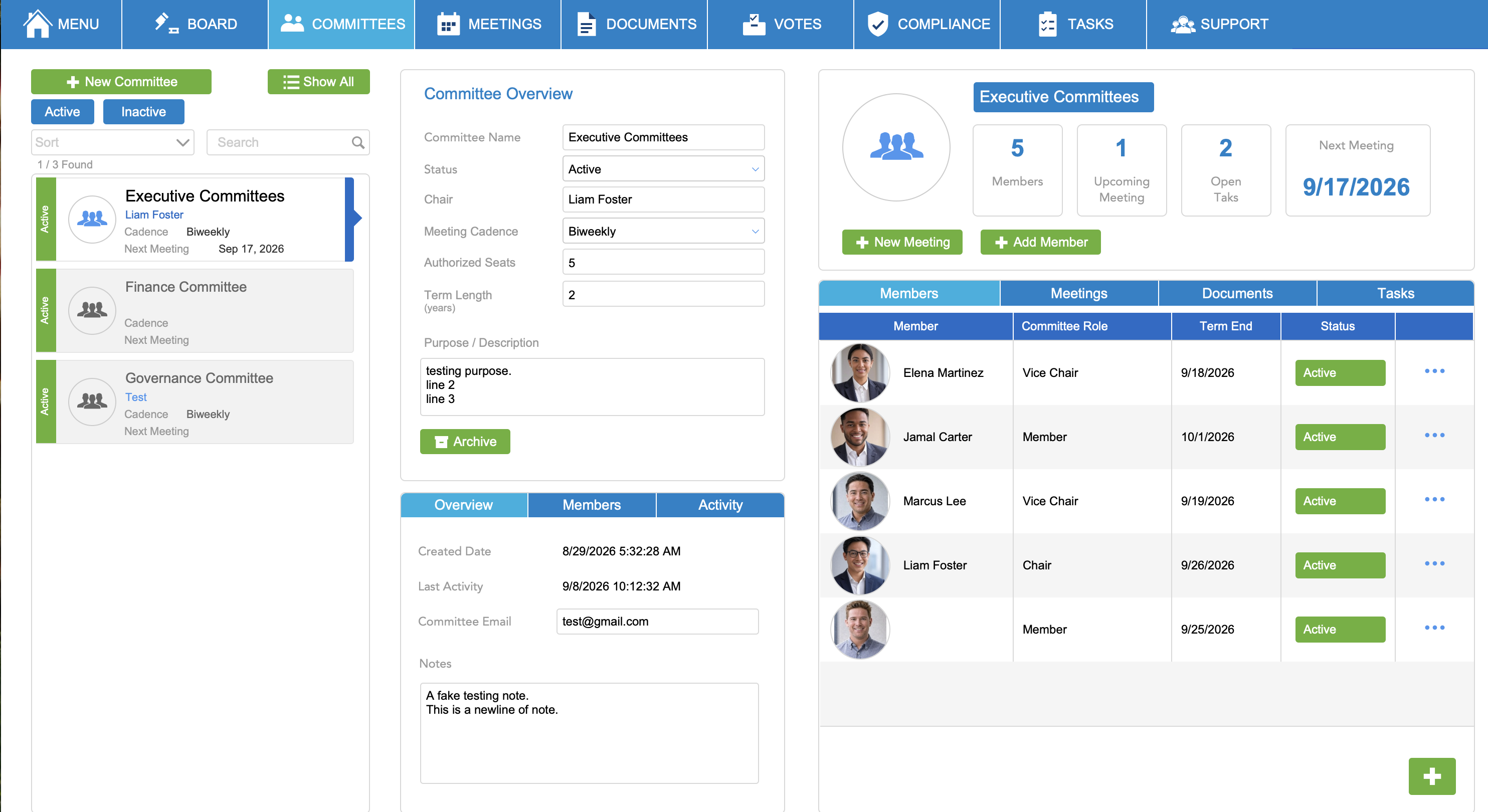 HelpOne Board Committees module showing Executive Committees members and overview