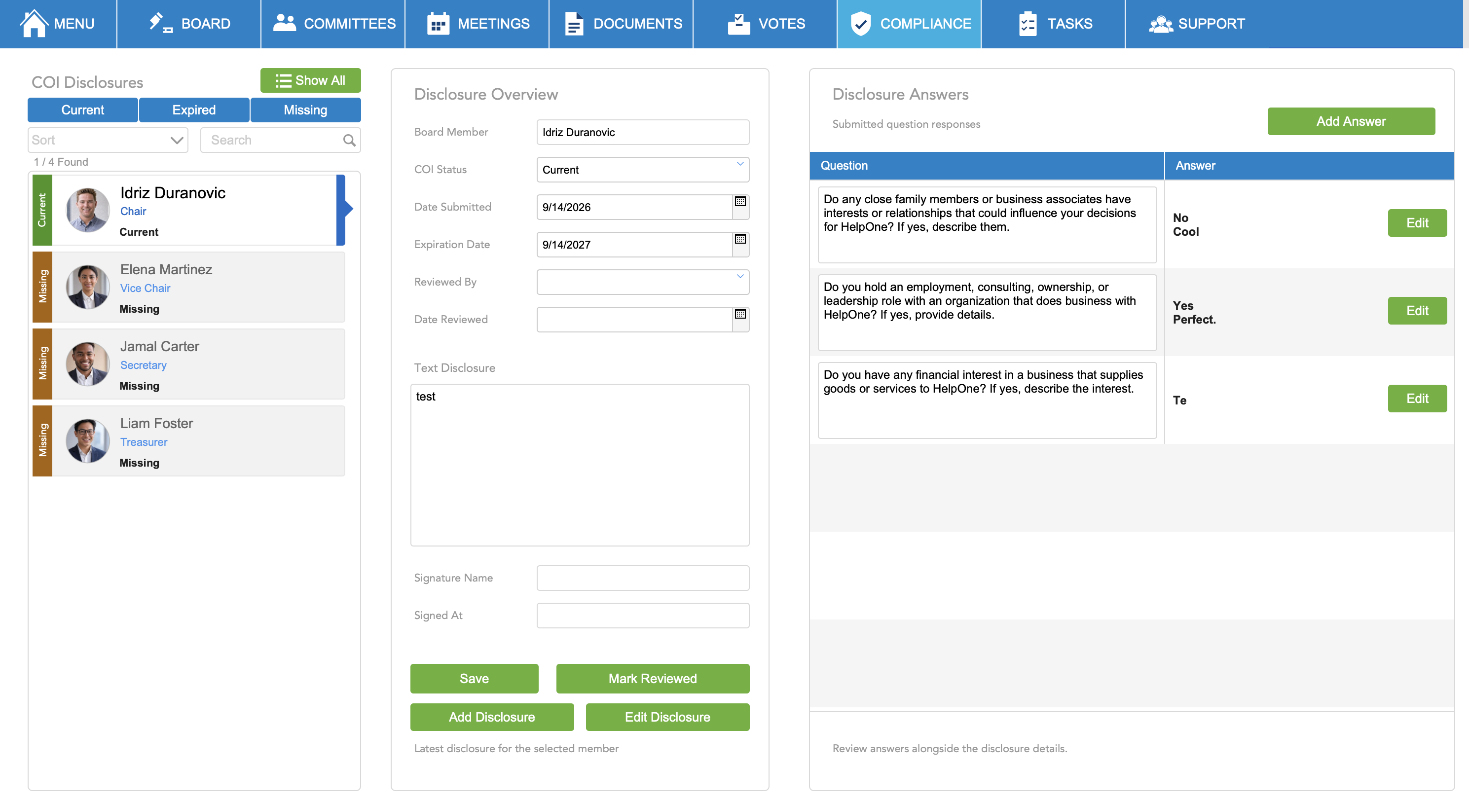 HelpOne Board Compliance module with COI disclosures and answers