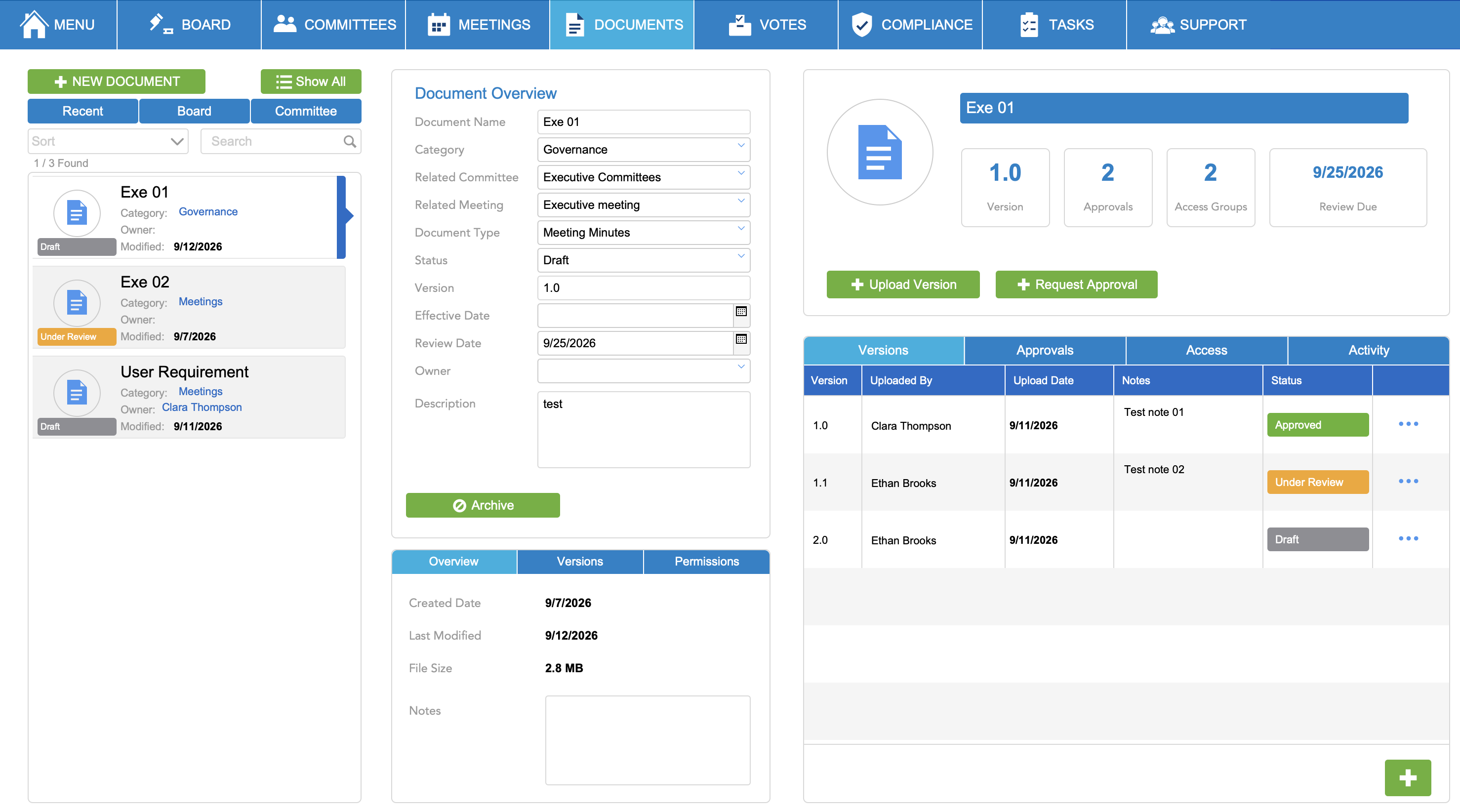 HelpOne Board Documents module with version history and approvals