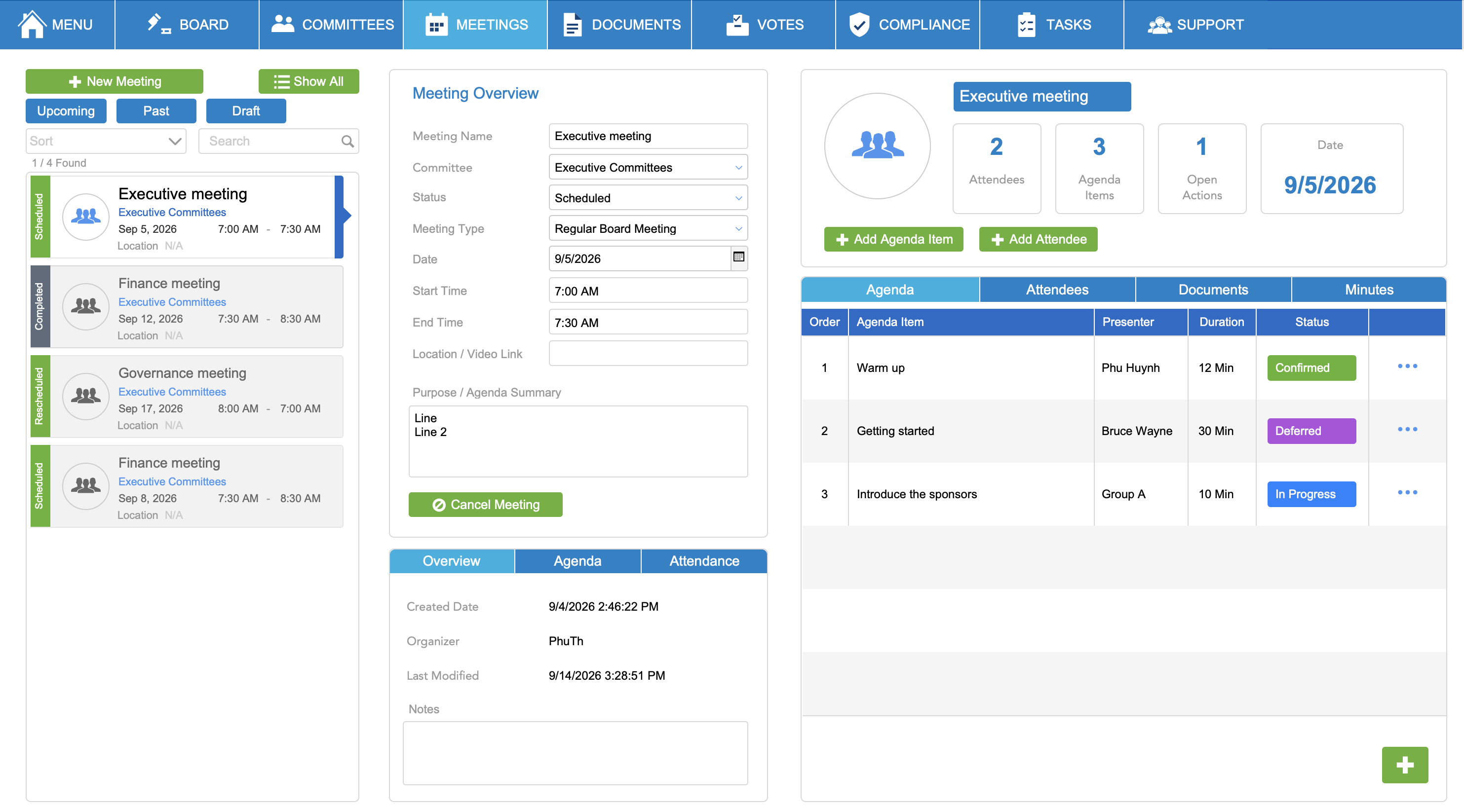 HelpOne Board Meetings module with agenda items and meeting overview