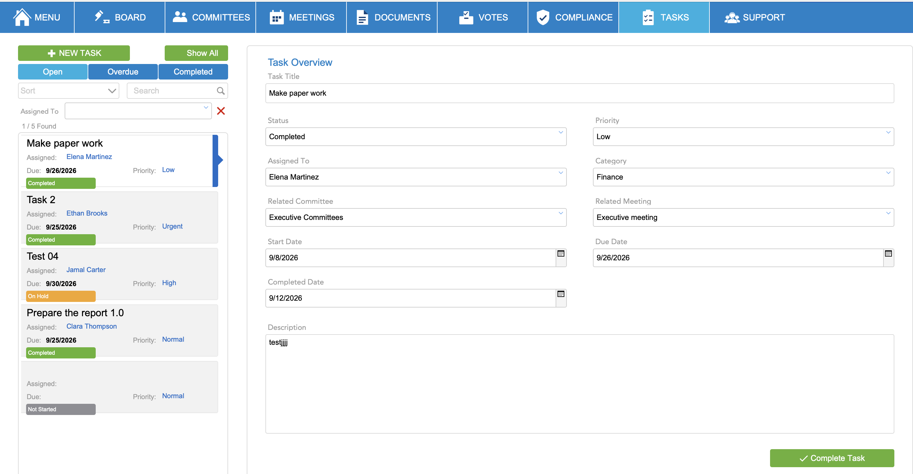 HelpOne Board Tasks module with priorities and related committee meeting