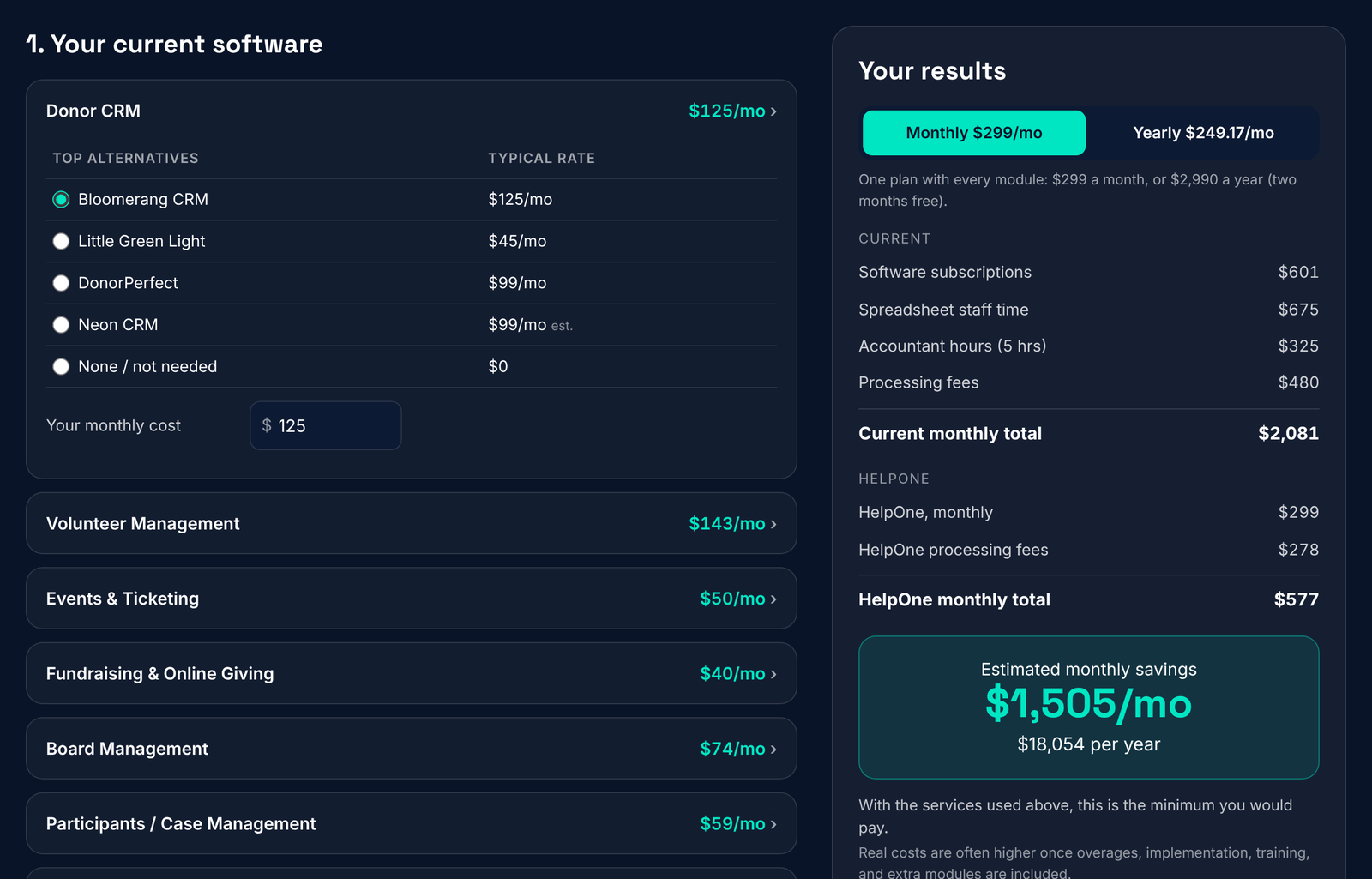 HelpOne savings calculator with sample tools filled in and the estimated monthly savings