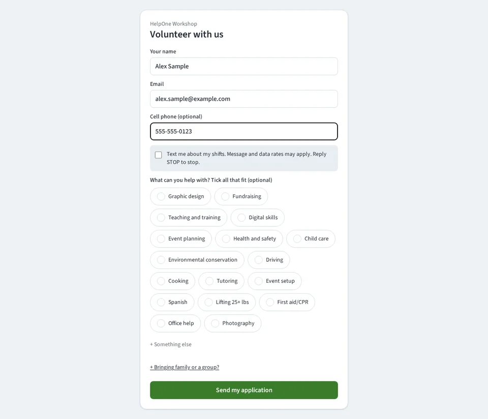 The HelpOne volunteer sign-up form with a cell phone number entered and the SMS consent checkbox below it, unchecked, reading: Text me about my shifts. Message and data rates may apply. Reply STOP to stop.