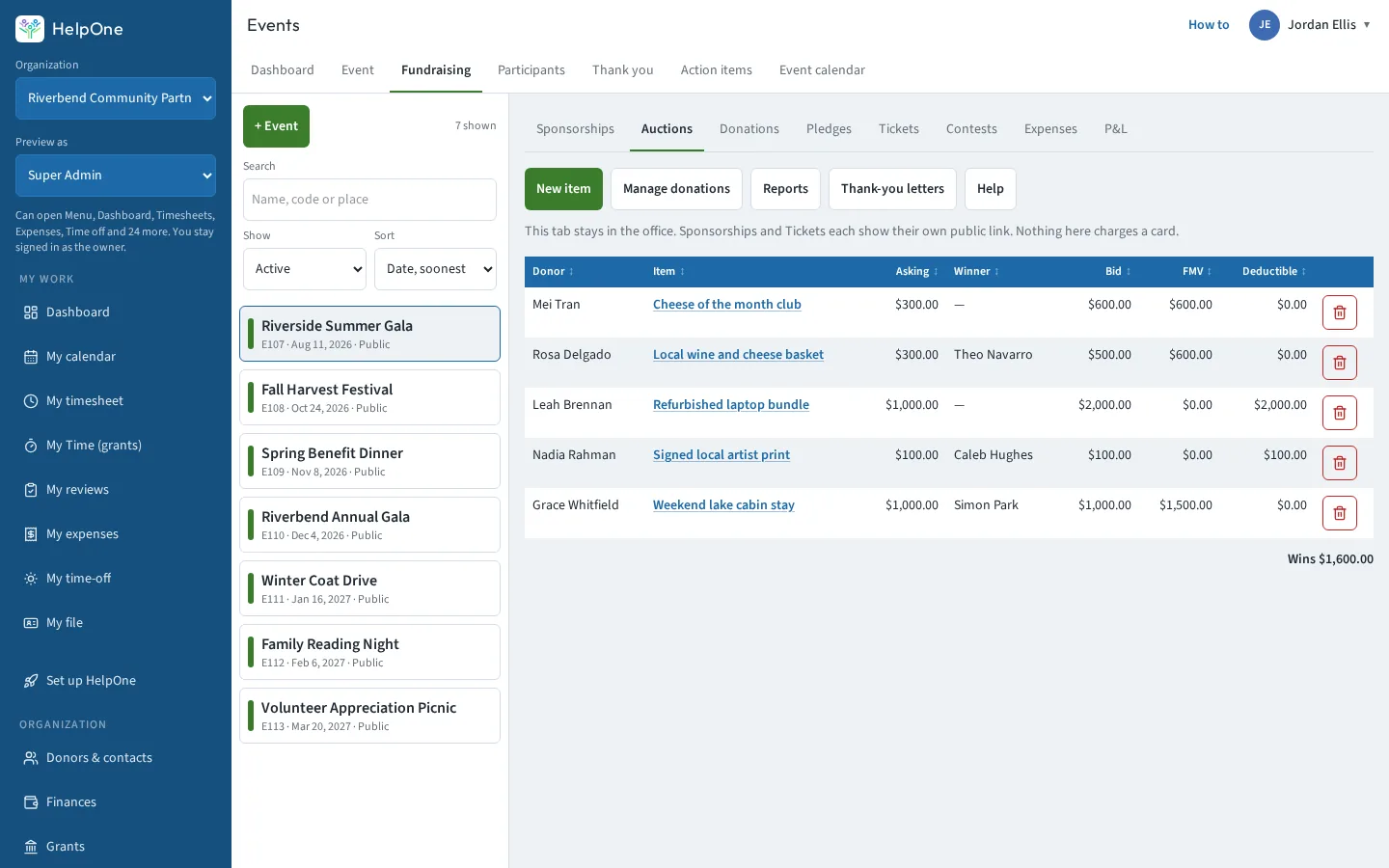 Event auctions table with donors, items, winning bids and fair market value