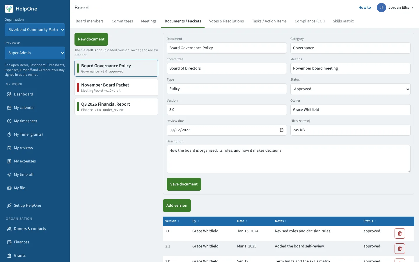 Board document record with version history table
