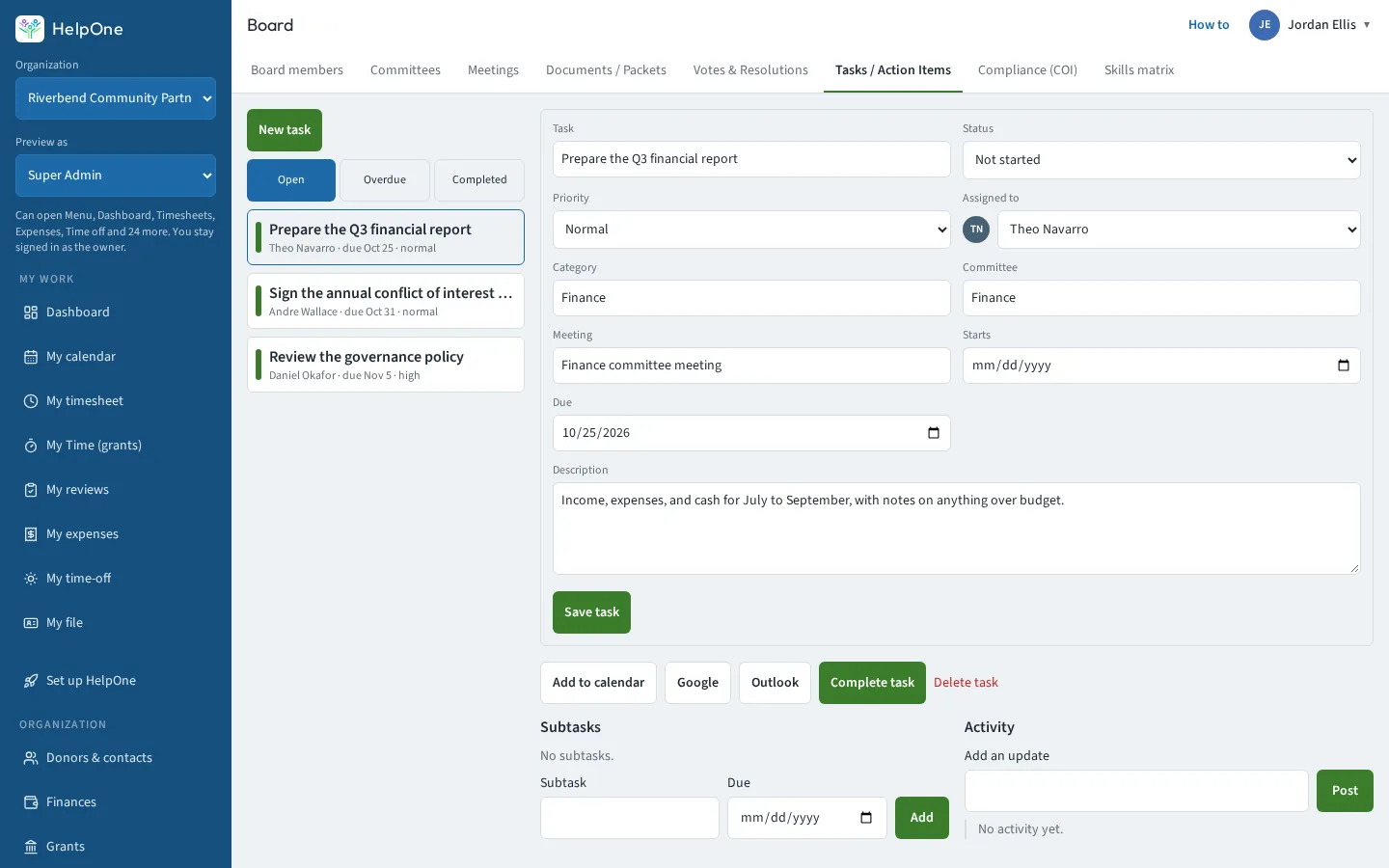 Board task record with priority, assignee, due date and subtasks