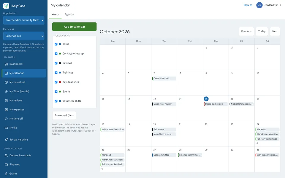 Month calendar with colored items and calendar filters