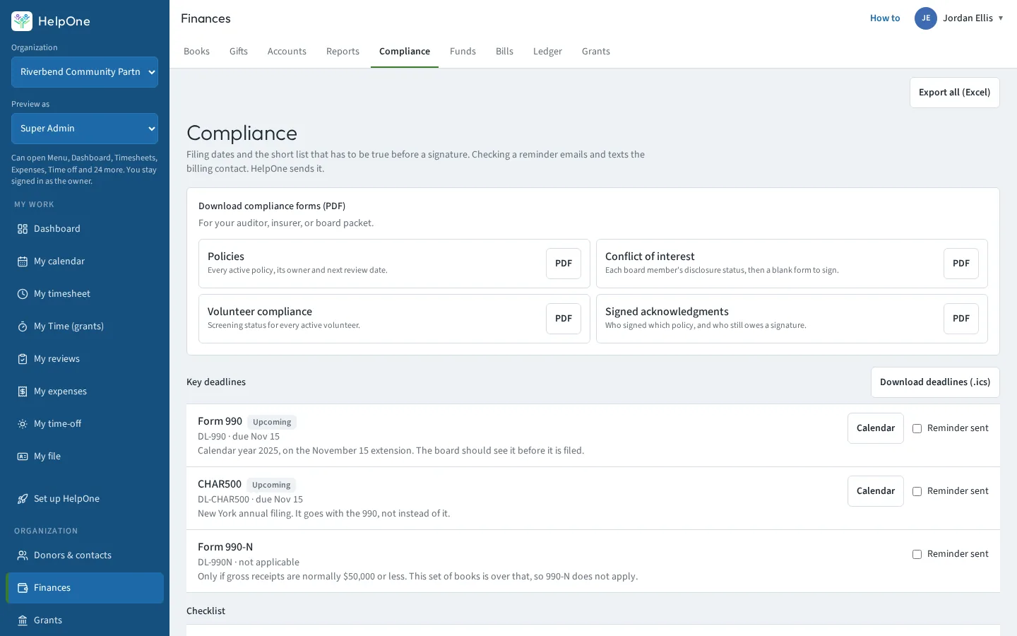 Compliance page with PDF downloads and Form 990 and CHAR500 deadlines