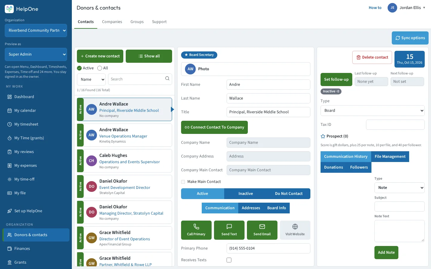 Contact list with avatars beside a contact record and follow-up panel