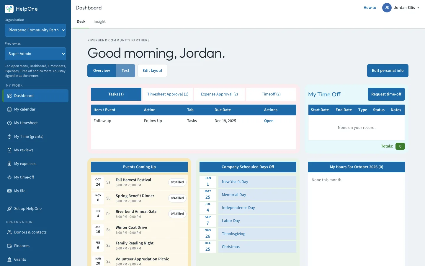 HelpOne dashboard with a greeting, task and approval tabs, upcoming events and days off