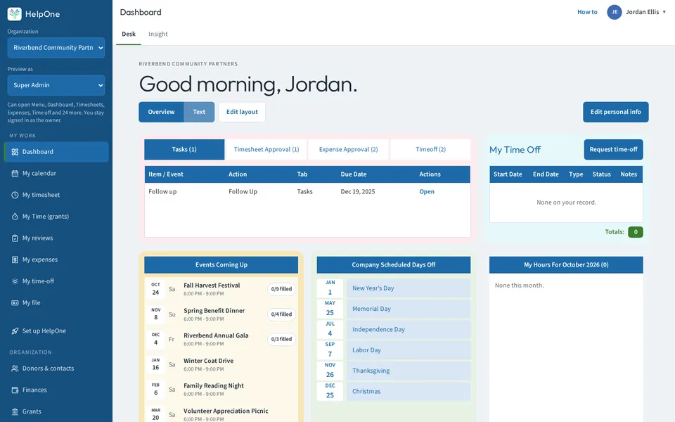HelpOne dashboard with a greeting, task and approval tabs, upcoming events and days off