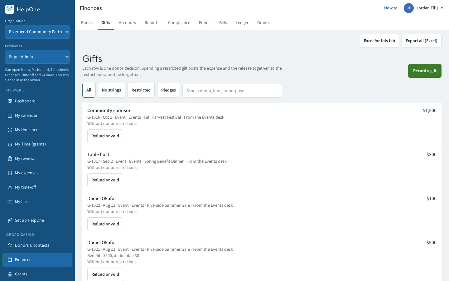 Gifts list with donor names, amounts and restriction labels