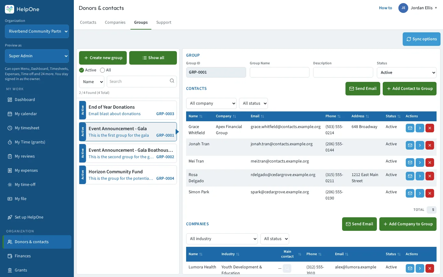Email group with member contacts, companies and a Send email button
