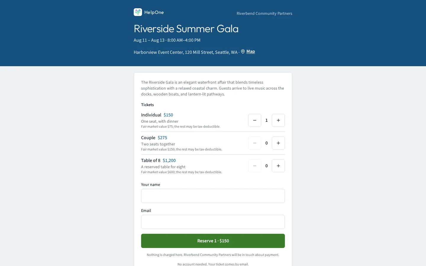 Public event page with ticket choices and a reserve button