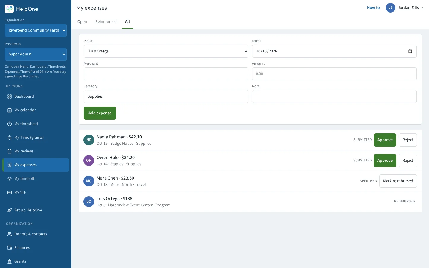 Expense form above a list of staff expenses with approve and reimbursed states