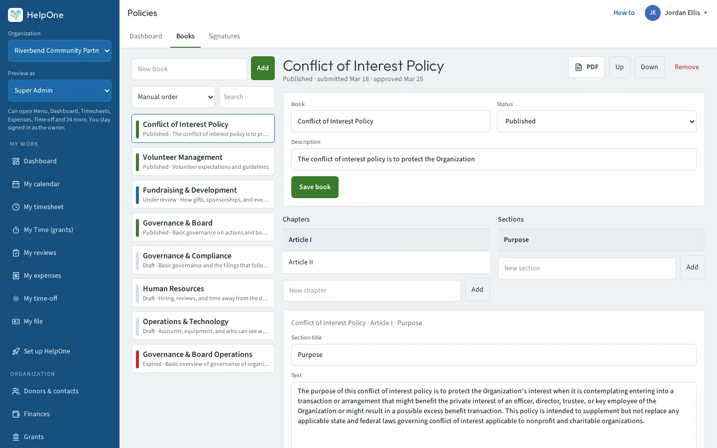 Policy book editor with chapters, sections and text