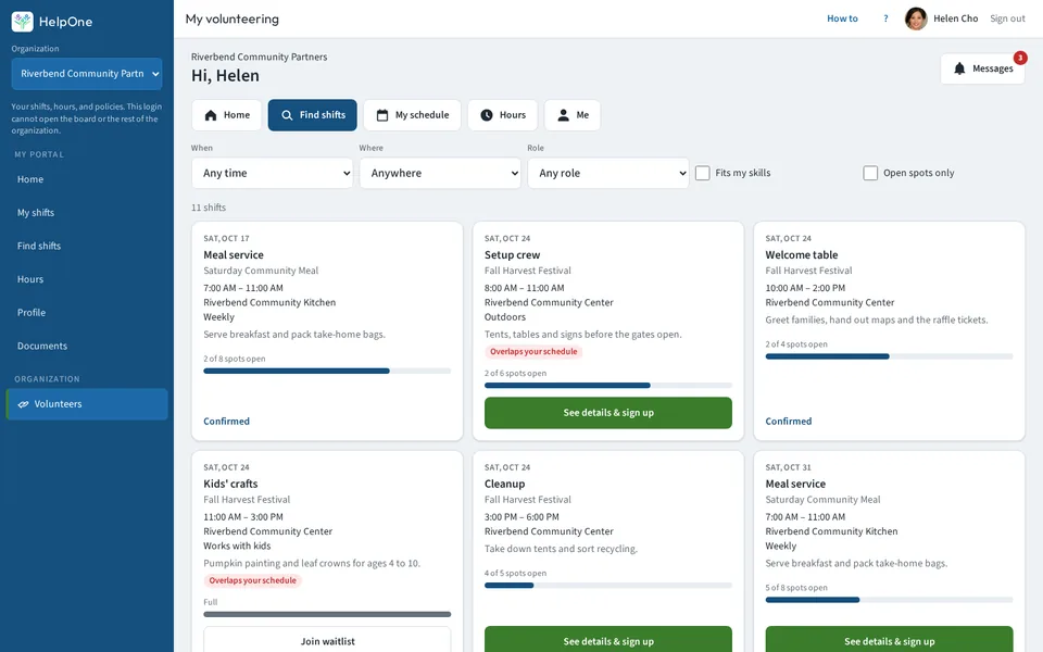 Grid of open shifts with dates, places, spots left and sign-up buttons, with filters for time, place and role