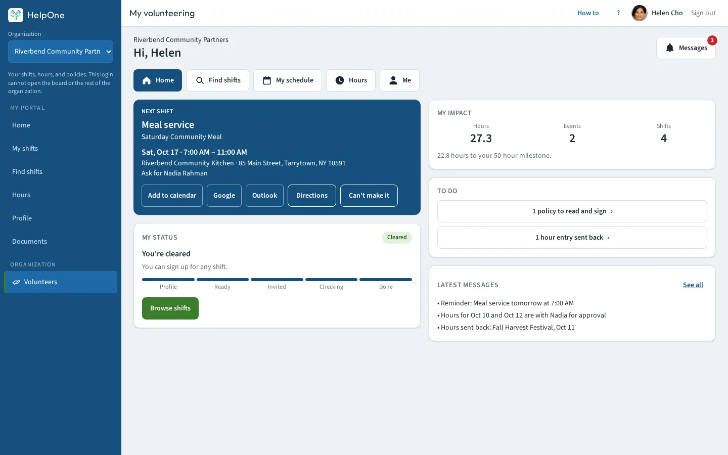 Volunteer portal home with the next shift card, a cleared status, impact numbers, to-dos and latest messages