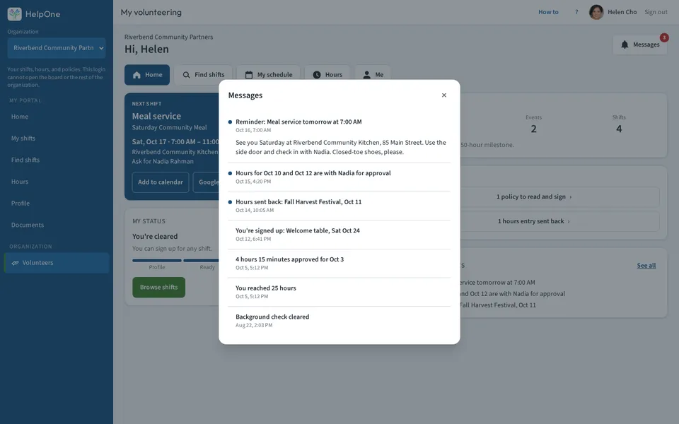 Volunteer messages list with a shift reminder open and unread hours updates