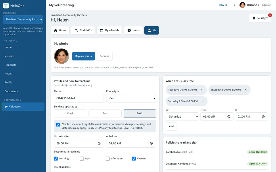 Volunteer profile with photo, phone, text preferences and weekly availability