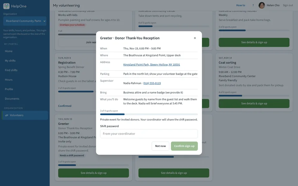 Shift details for a private donor reception with time, place, parking, supervisor and a shift password field