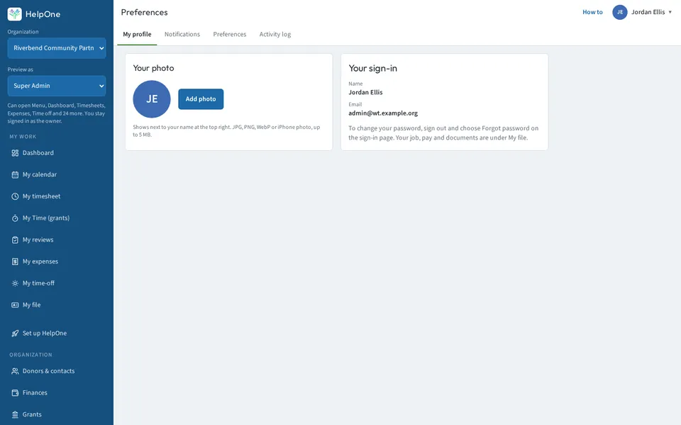 My profile page with photo and sign-in details