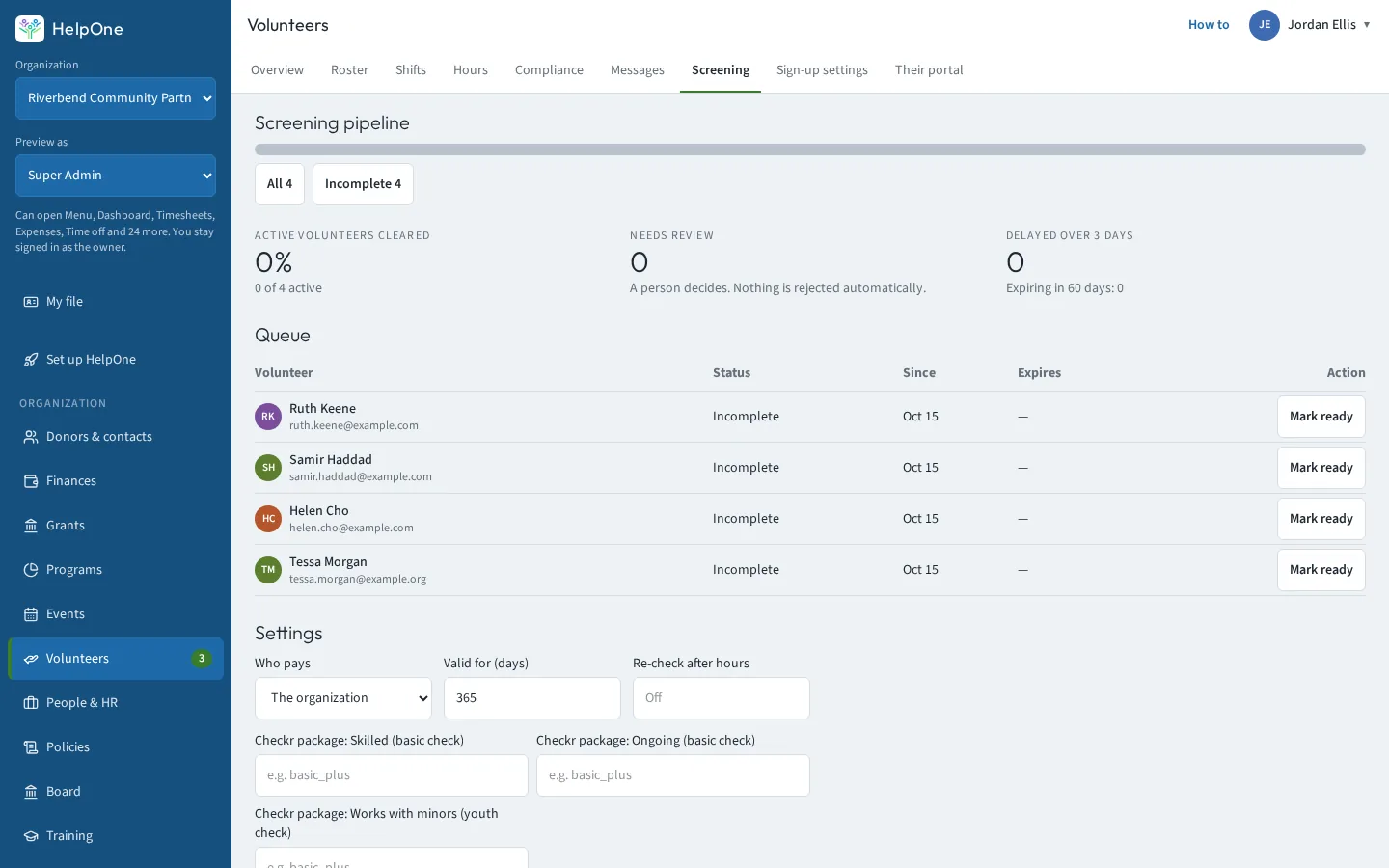 Screening pipeline with a queue of volunteers and statuses