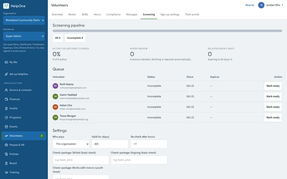 Screening pipeline with a queue of volunteers and statuses