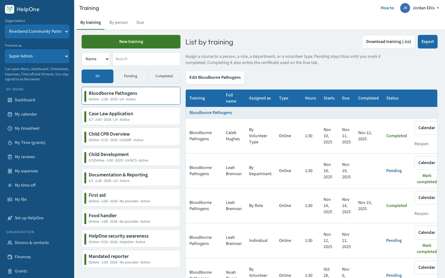 Training list by course with people, dates and completion status