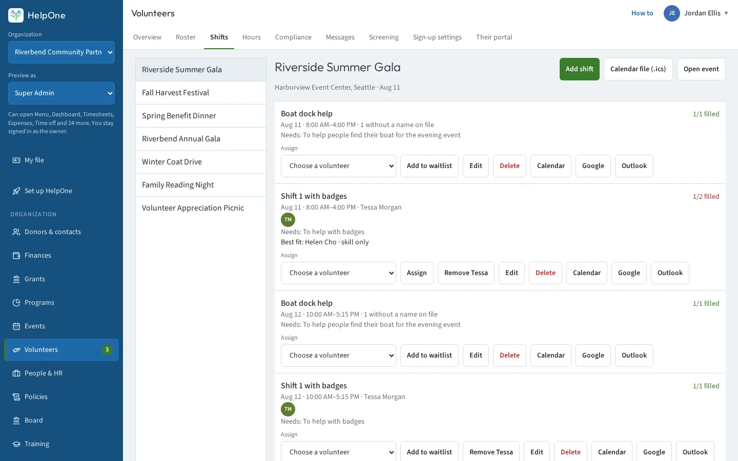 Shift list with assigned volunteer avatars and an assign picker