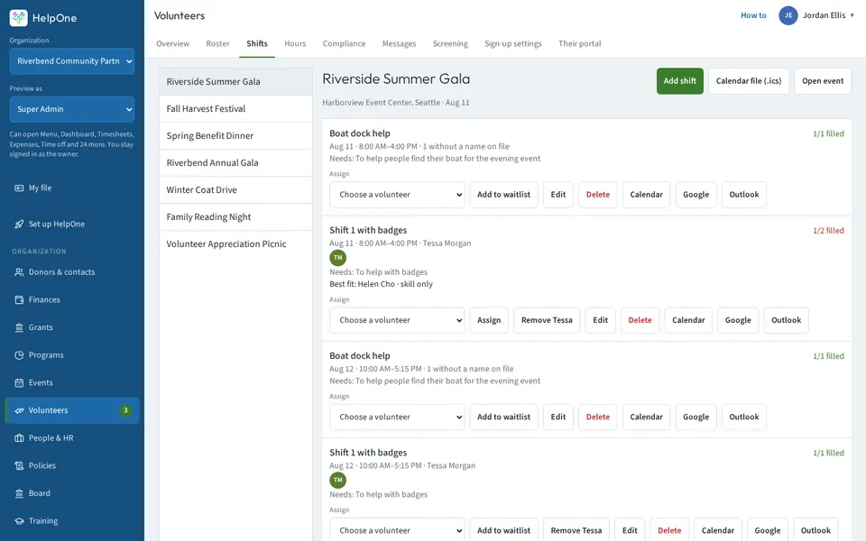 Shift list with assigned volunteer avatars and an assign picker